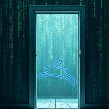 Open doorway with Matrix effect showing cascading green binary code and a glowing blue logo in the center