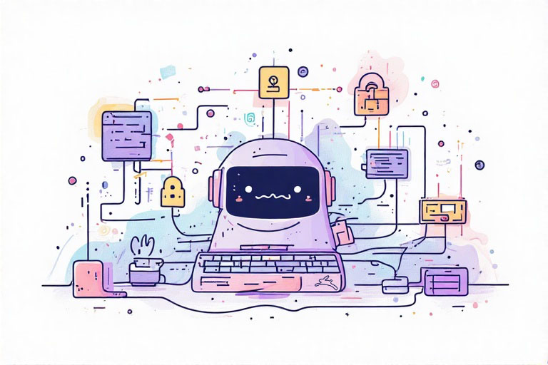 Cute cartoon robot character surrounded by floating icons representing coding, security, and digital technology