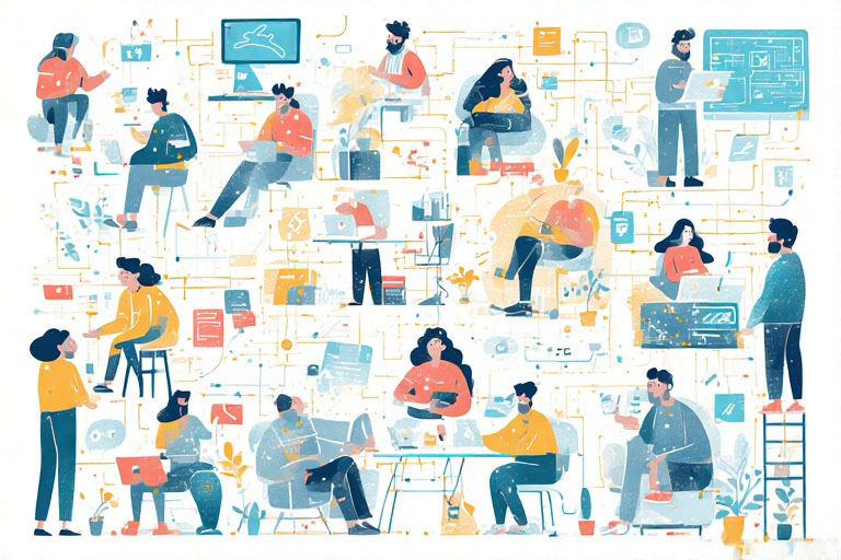Diverse team of professionals collaborating in a modern office environment with laptops, computers, and digital workflow elements