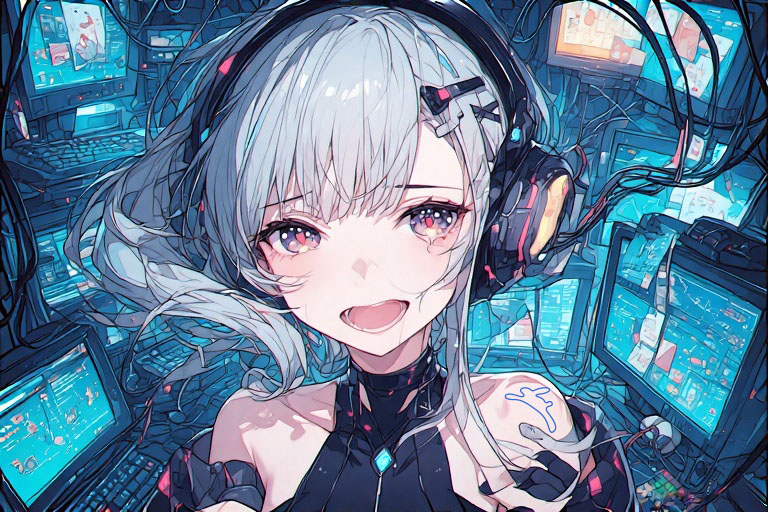 nime-style illustration of a silver-haired girl with headphones in a futuristic control room surrounded by multiple glowing screens