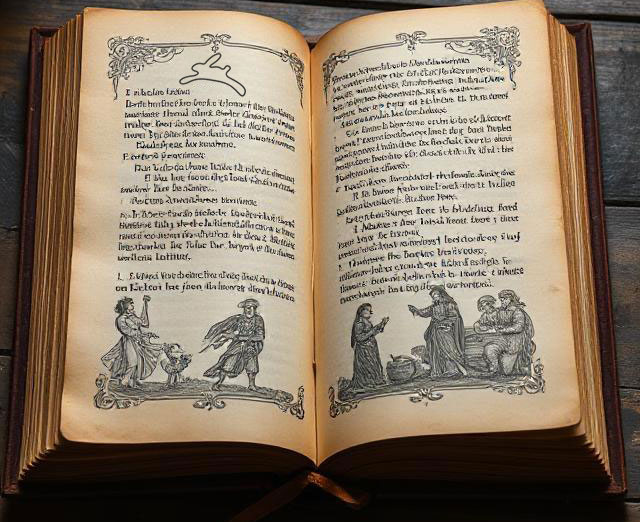 Open ancient book displaying Gothic text with engraved illustrations of medieval characters in decorative borders