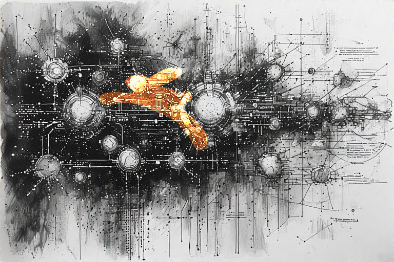 Abstract technical diagram in black and white with circular schematics, connections and glowing orange elements