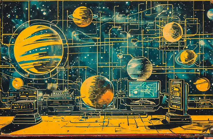 Retro-futuristic illustration of a solar system with yellow and blue planets connected by golden circuits on starry background