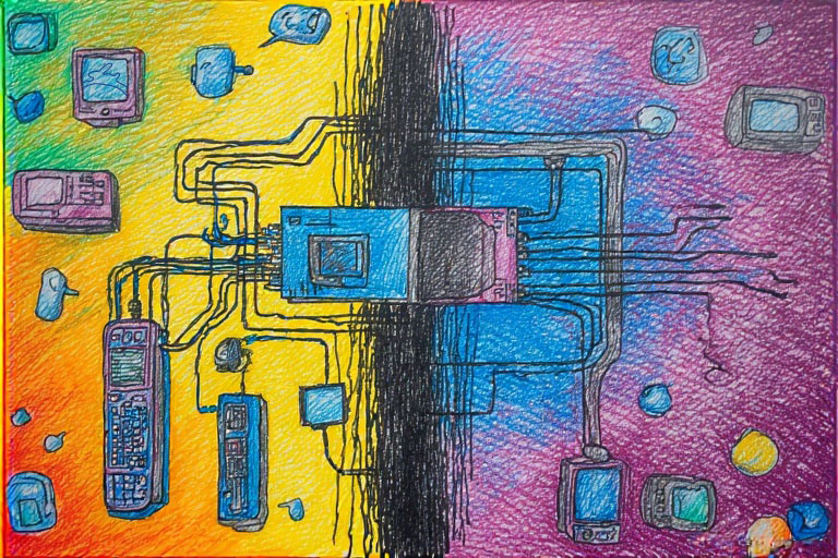 Colorful crayon drawing showing technological elements connected by circuits on a multicolored gradient background