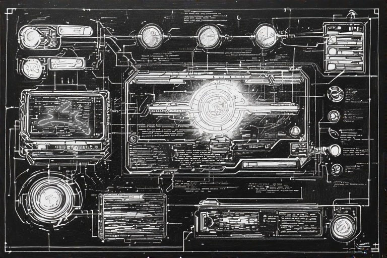 Detailed technical blueprint showing complex electronic schematics and circuit diagrams in white on black background
