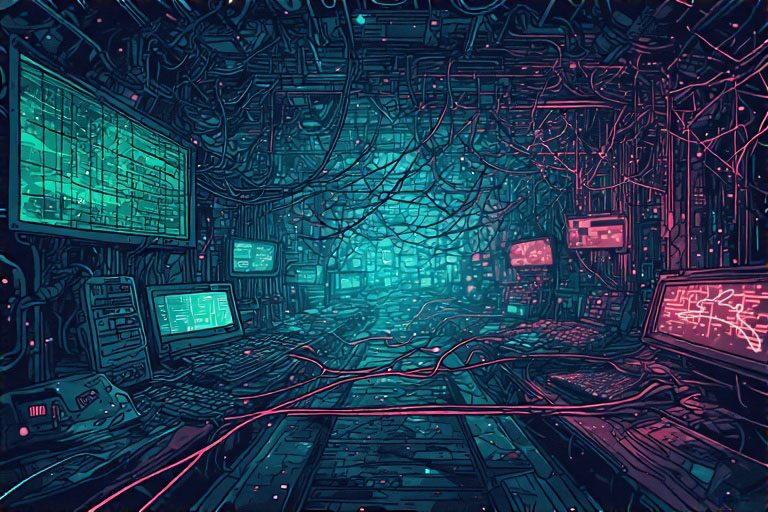 Futuristic cyberpunk interior with glowing teal and pink circuit patterns, multiple screens and technological corridors