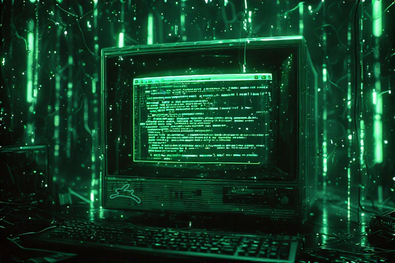 Vintage computer monitor displaying green code text surrounded by Matrix-style digital rain effects
