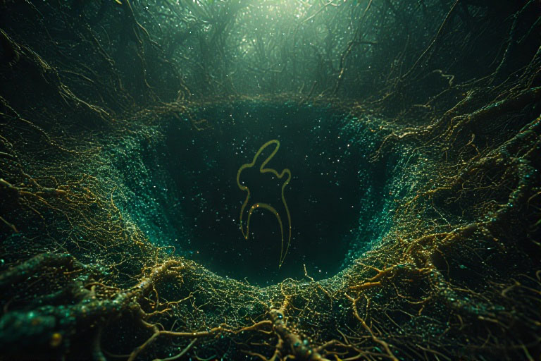 Underground digital cave scene with glowing green neural network patterns and a luminous figure silhouette